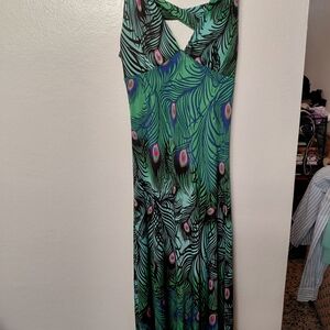 Peacock-Print Green Maxi Dress - Women